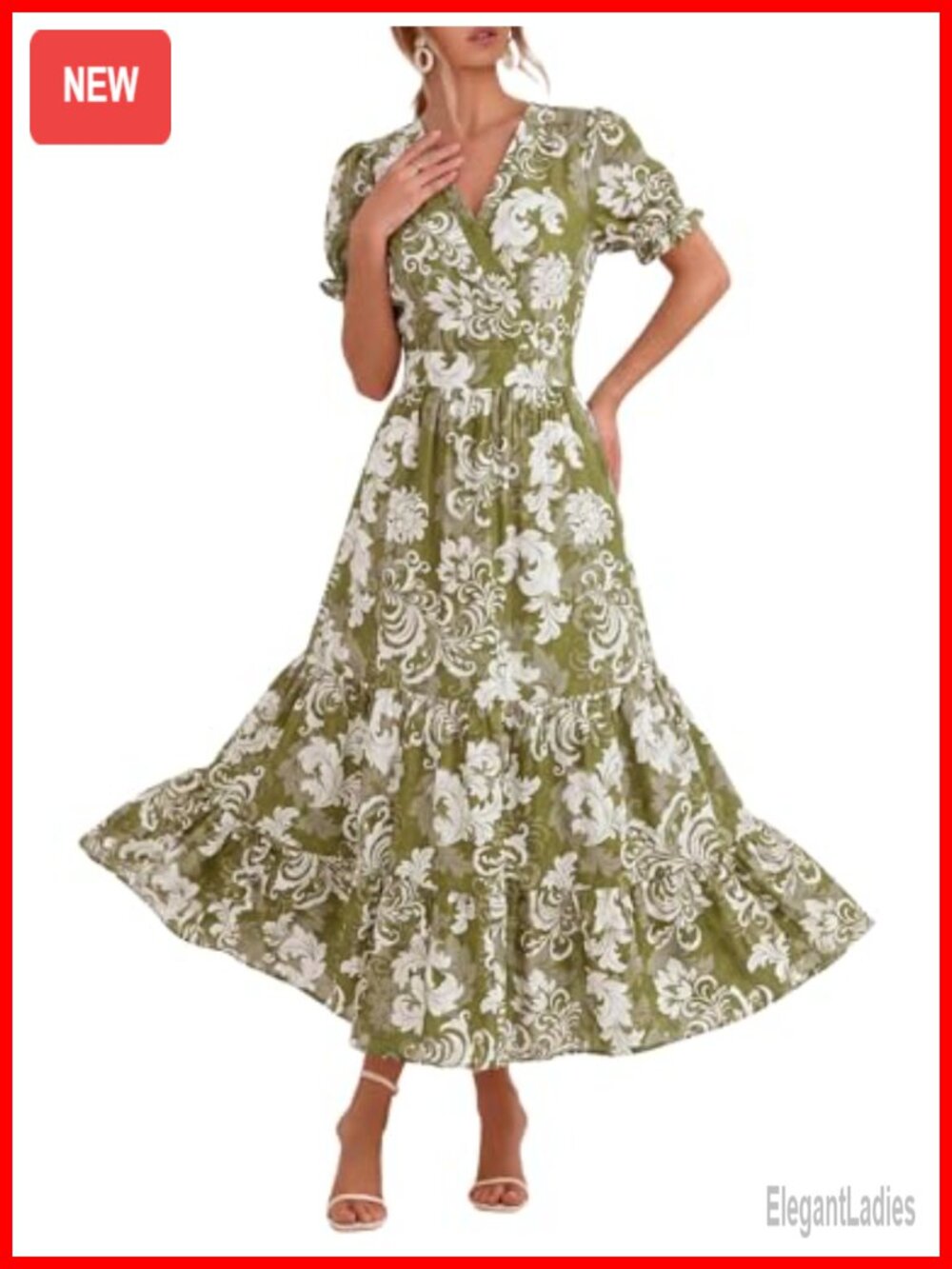 Women's Maxi Dress V-Neck Puffy Short Sleeve Flowy Casual Beach Sundress with